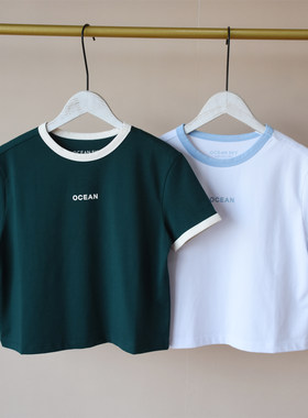 140-150码~夏装出口韩国品牌童装女童装短裤撞色设计圆领T恤短袖