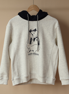 冬装新款~女大童少女学生装米灰色浮雕熊休闲保暖加绒连帽卫衣