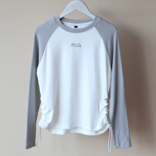 拼接螺纹坑条T恤衫 春秋装 新款 女大童侧收腰款 百搭休闲显瘦 插肩袖