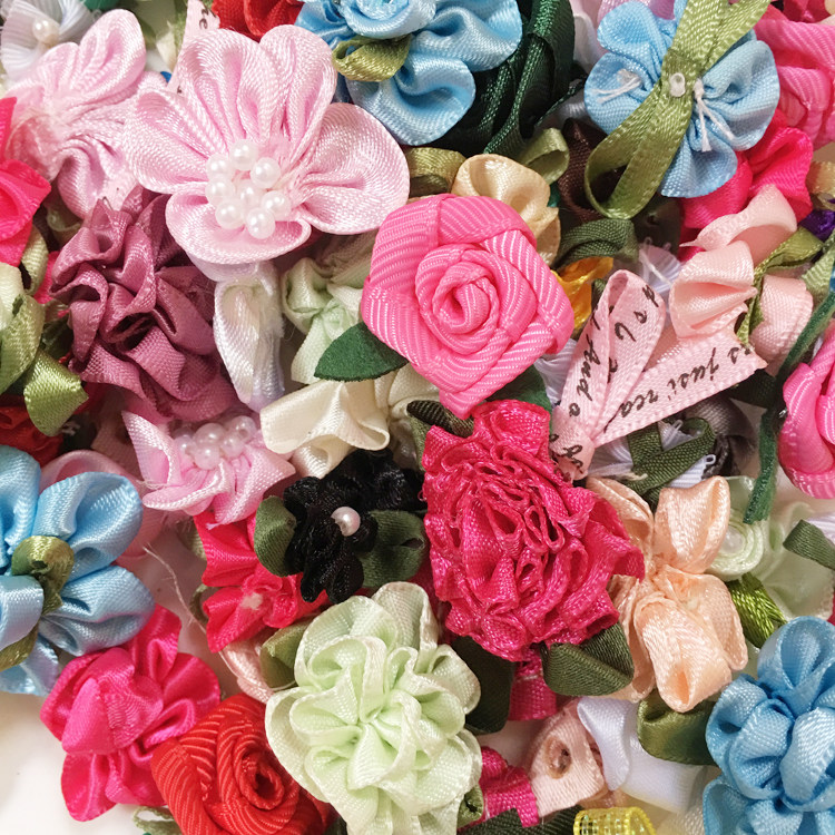 diy手工丝带小花朵 带叶玫瑰花朵花仔 发饰娃衣布艺辅料 随机50个