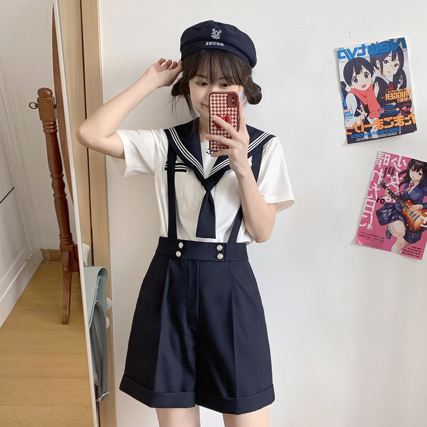 樱花家族jk制服【蔚蓝誓约】校供感背带短西裤水手服夏服短袖套装