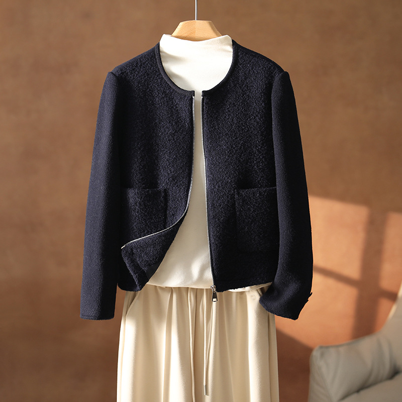 25秋冬双面羊绒大衣短款拼接圈圈尼拉链羊毛外套夹克小个子外套女