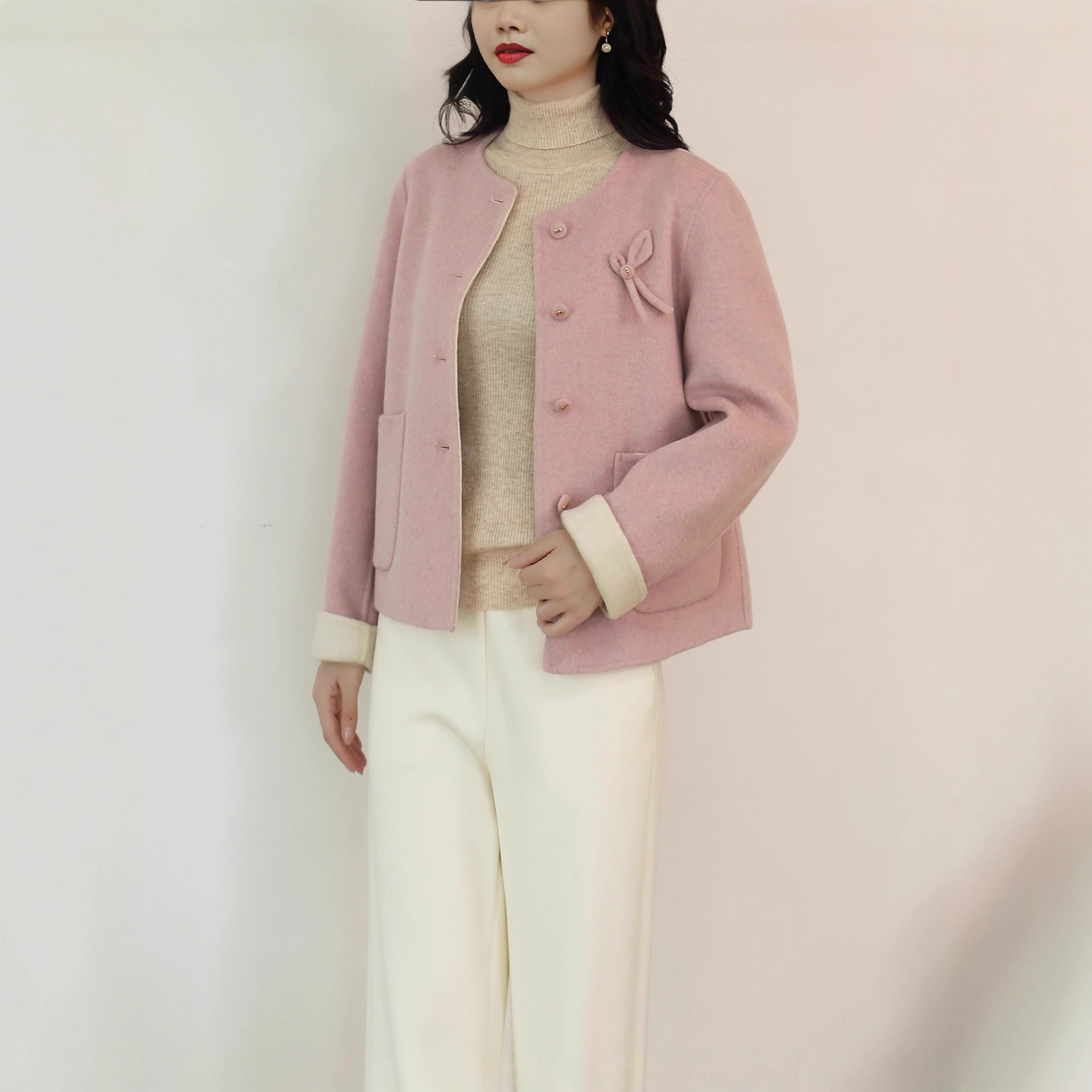2025新双面羊绒大衣短款粉色单排扣蝴蝶结女式毛呢外套小个子简约