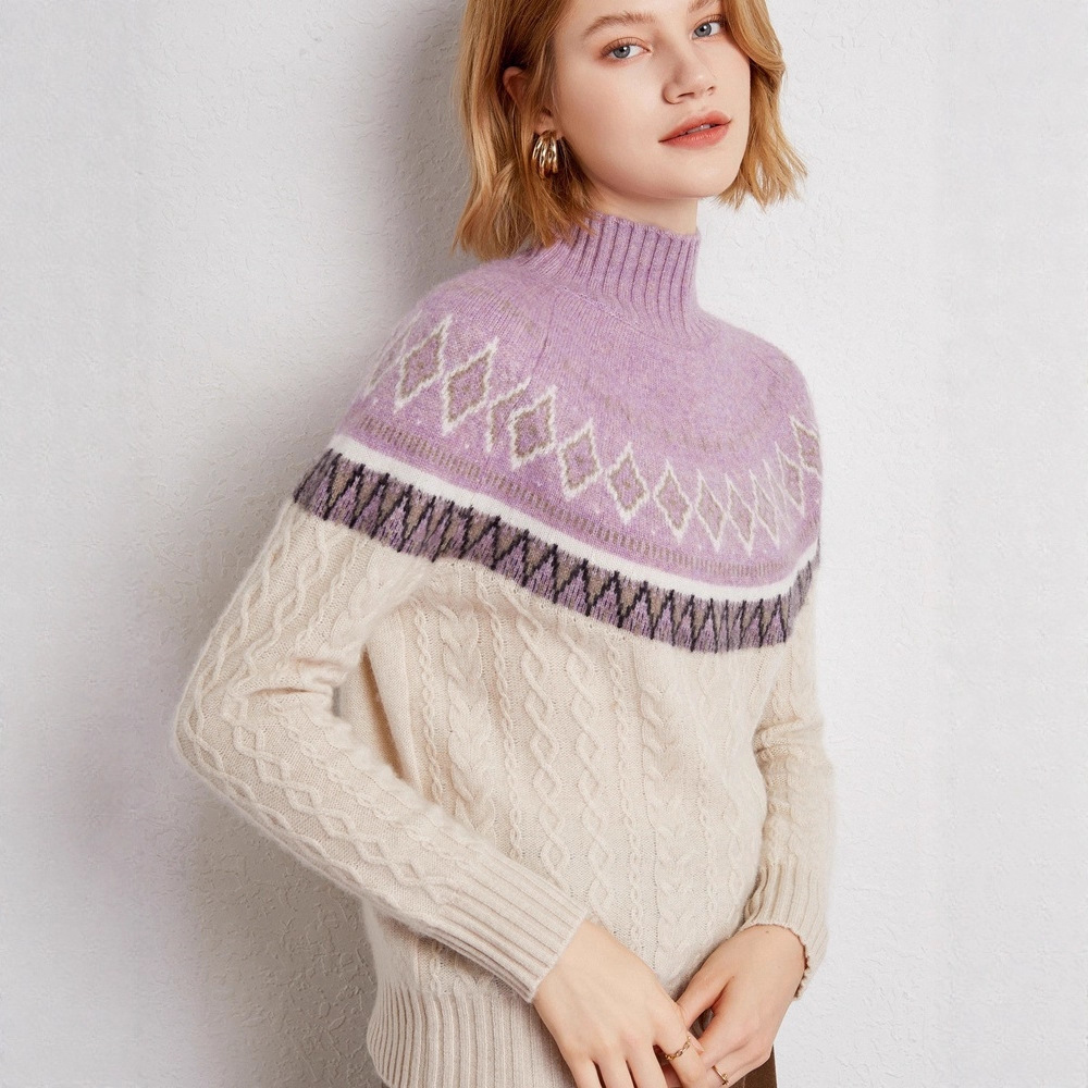 半高领纯山羊绒衫女2024秋冬新款套头加厚毛衣女复古民族风提花