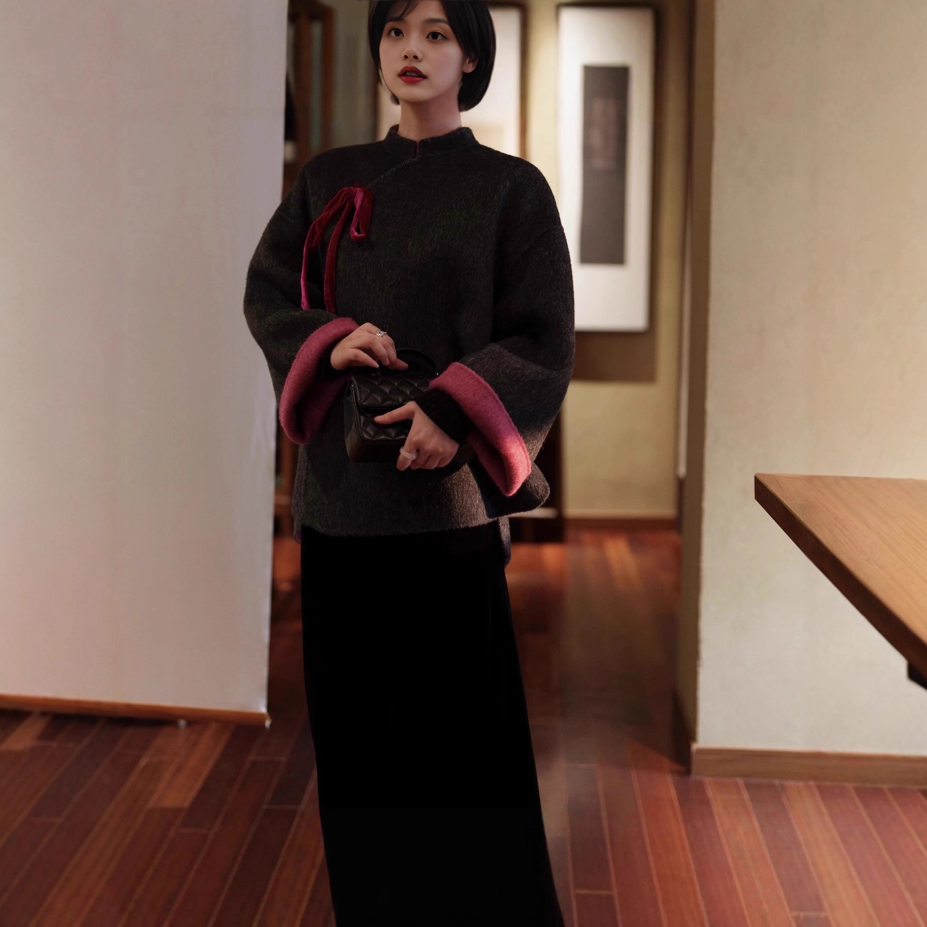 2025秋冬氛围感新中式国风斜门襟真丝丝绒系带毛呢外套大衣短款