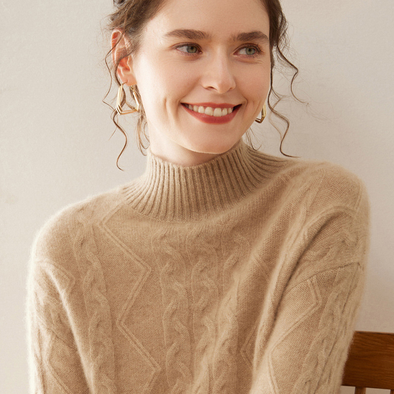 2024秋冬加厚半高领落肩羊绒衫女复古绞花针织打底衫宽松显瘦毛衣