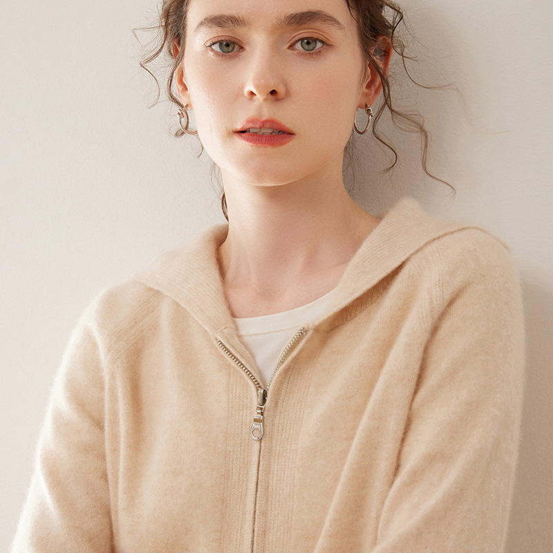 鄂尔多斯市连帽羊绒开衫女100%纯山羊绒拉链宽松针织打底外套卫衣