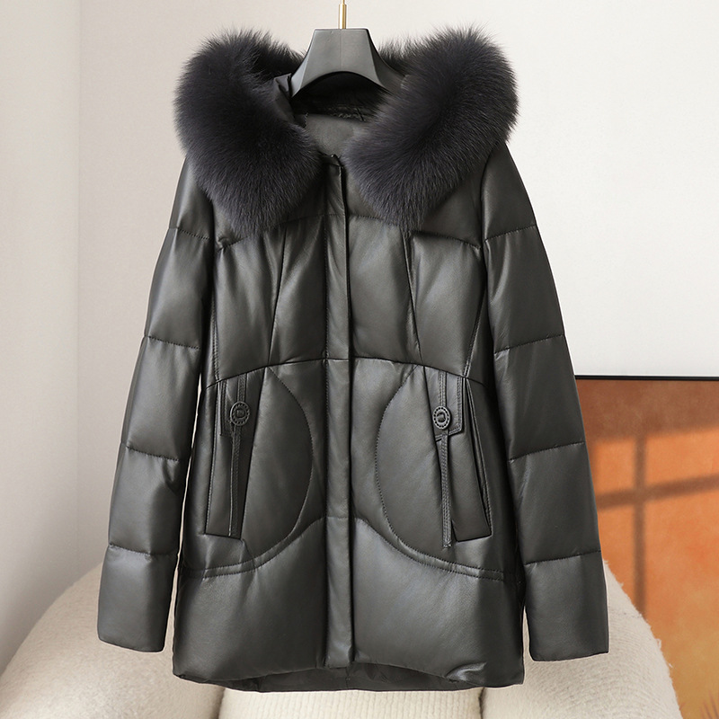 海宁真皮皮衣羽绒服女中长款2025秋冬新款鹅绒加厚妈妈皮草外套女