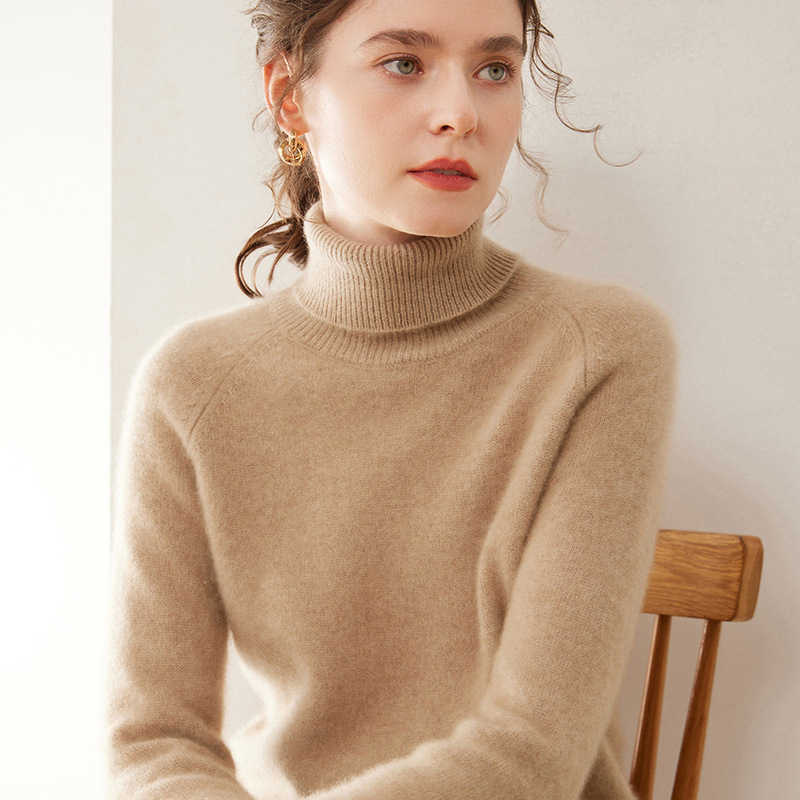 鄂尔多斯市高翻领羊绒衫女100%纯山羊绒双股加厚纯色针织打底毛衣