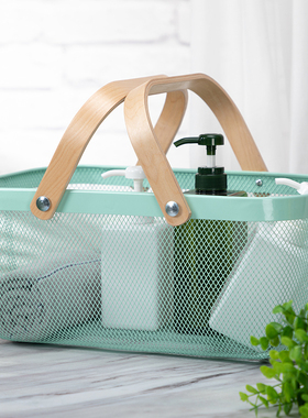 家用铁网木手柄收纳篮水果蔬菜篮桌面杂物宿舍护肤品收纳手提篮