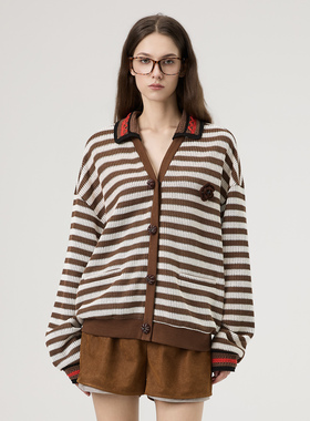 秋冬时尚条纹针织手钩领子开衫外套