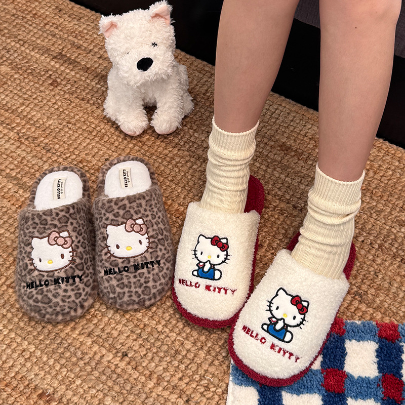 正版kitty棉拖鞋女冬天室内家用防滑保暖加绒卡通三丽鸥毛毛拖鞋
