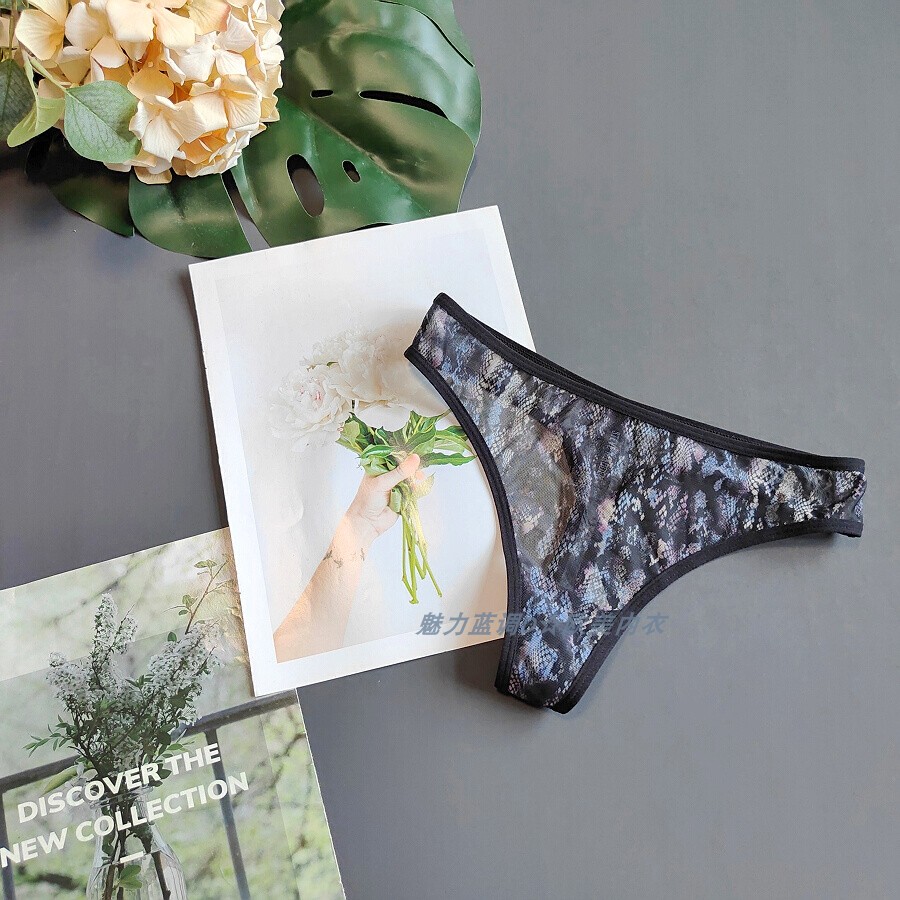 三105-150斤美国STEV黑色蛇纹透明软网纱诱惑T裤性感低腰女丁字裤