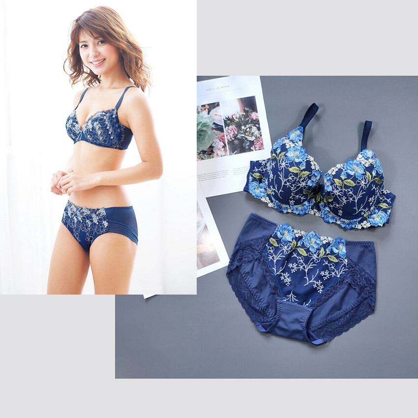 两件包邮 70D75D80D日本外贸宝蓝色薄棉蕾丝刺绣软棉薄款文胸套装