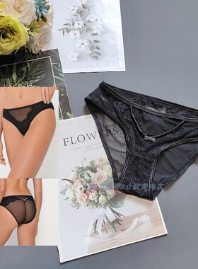 三80-120斤 波兰SIN黑色透明网纱睫毛蕾丝内裤女中低腰包臀三角裤