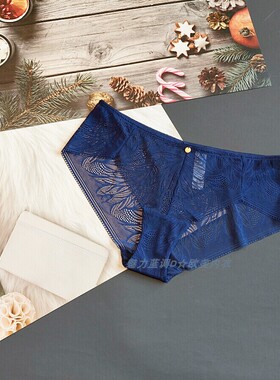 三145-160斤荷兰LIV藏蓝色镂空蕾丝网纱性感中腰女无痕包臀三角裤