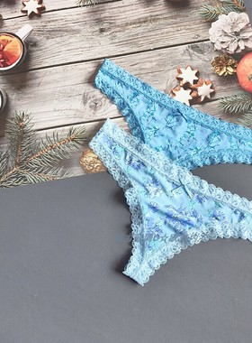 三110-125斤美国FLO蔚蓝色超薄冰丝T裤性感低腰女半臀三角丁字裤