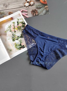 三95-130斤 法国TEX深宝蓝超柔冰丝蕾丝性感中腰女窄边包臀三角裤