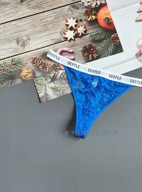 三85-150斤俄罗斯DEF克莱因蓝色镂空软蕾丝T裤性感中低腰女丁字裤