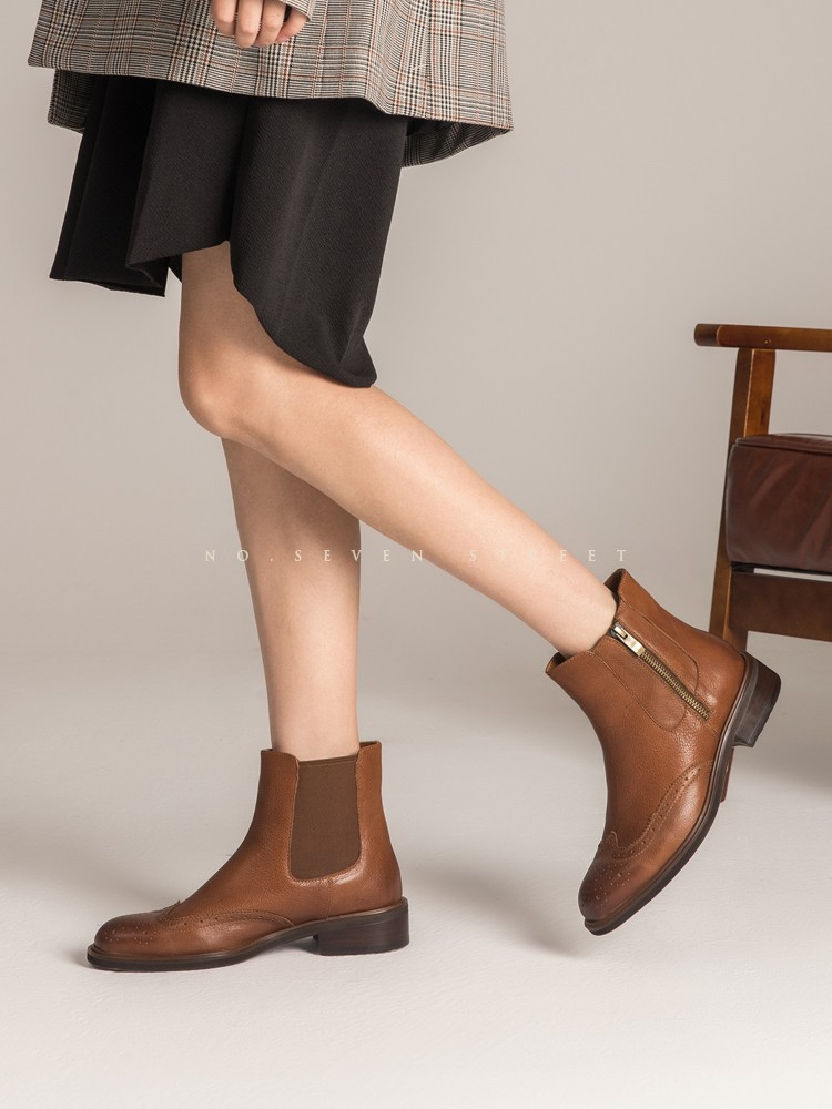 BeauToday2025秋冬款英伦复古风真皮低跟柔软切尔西短靴女靴子