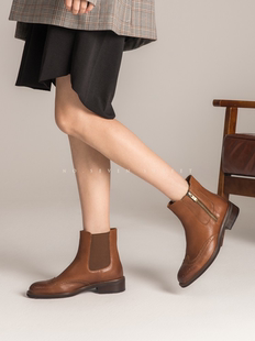 BeauToday2025秋冬款英伦复古风真皮低跟柔软切尔西短靴女靴子