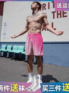 BKC华夫格篮球训练短裤扎染渐变色美式运动裤沙滩休闲四五分裤男