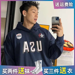 USA美式运动连帽卫衣高克重詹姆斯库里杜兰特篮球训练帽衫外套男