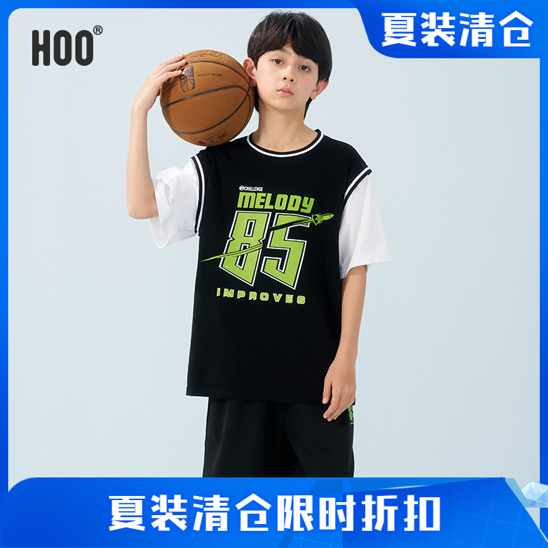 hoo夏季男童NBA篮球服宽松背心假两件短袖T恤初中生185运动套装潮