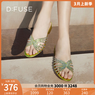 凉鞋 DFuse迪芙斯夏季 圆头烫钻真丝布粗跟拖鞋 新款 DF32110366