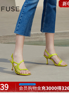 DFuse夏季新款羊皮方头凉鞋条带细跟高跟凉鞋女DF32115350法式