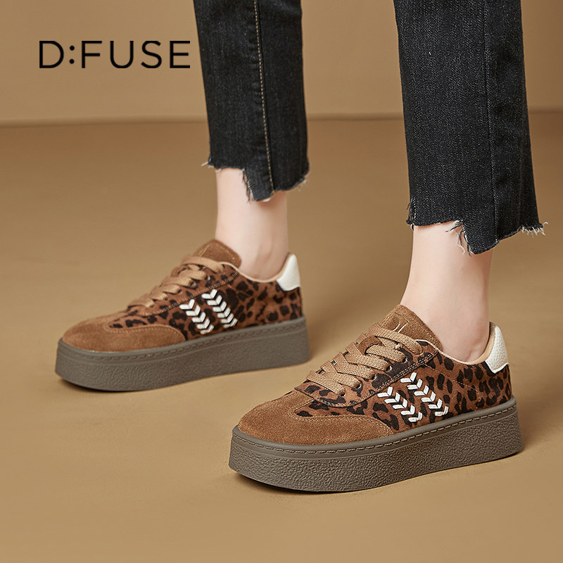 Dfuse迪芙斯2026年春季复古拼接豹纹板鞋女新款增高百搭休闲女鞋,女鞋,休闲板鞋,淘宝优惠券,粉丝福利购,淘宝优惠卷