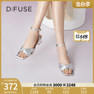 女DF32115337 羊皮方头褶皱扭结粗跟凉鞋 新款 DFuse迪芙斯夏季