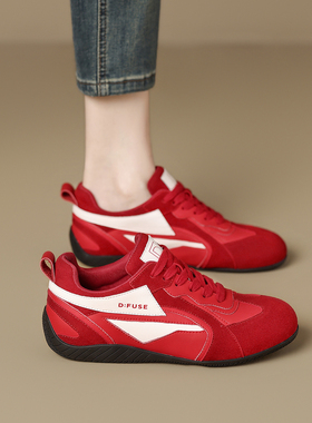 Dfuse红色德训鞋女平底休闲运动鞋百搭轻便复古板鞋系带深口单鞋