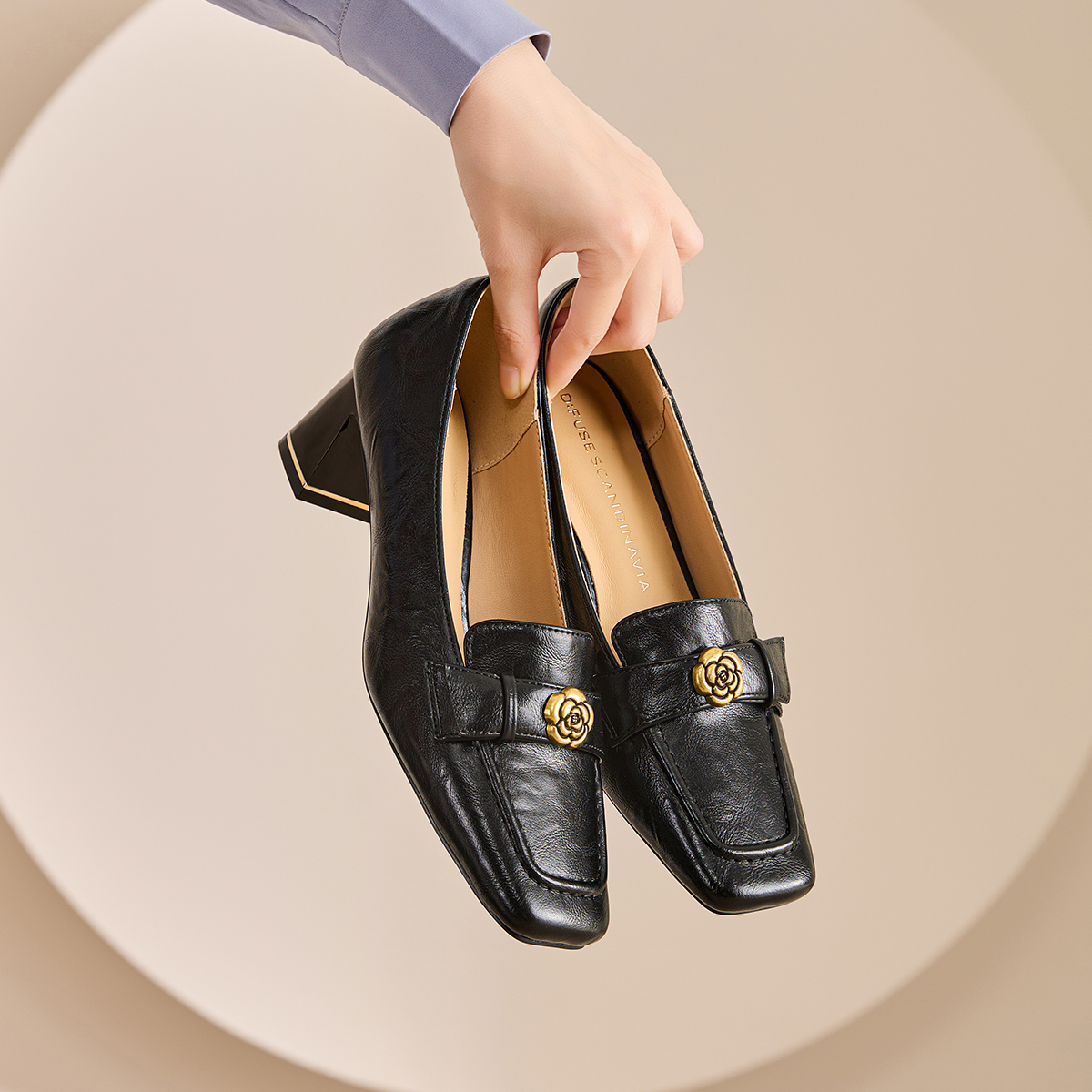 DFuse山茶花方头粗跟乐福鞋