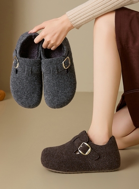 D：Fuse/迪芙斯毛呢勃肯鞋女冬季厚底增高全包灰色一脚蹬保暖棉鞋