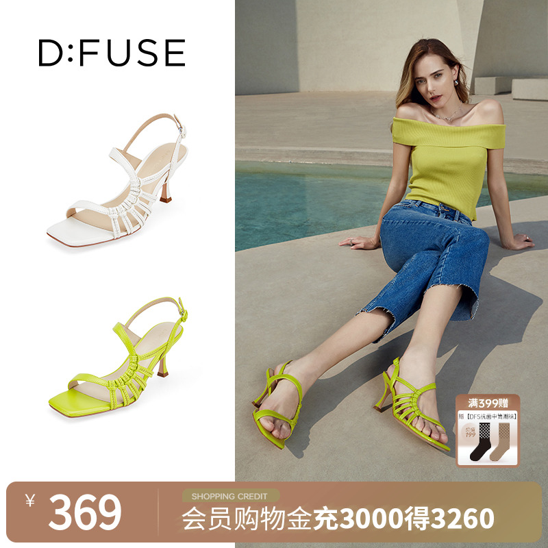 新款羊皮方头条带细跟凉鞋高跟鞋