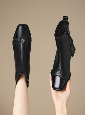 DFuse法式方头粗跟短靴女黑色真皮金属扣切尔西靴气质百搭时装靴