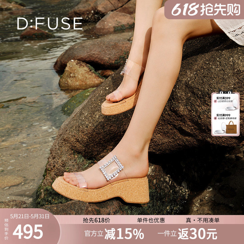 Dfuse迪芙斯2025夏季新款木纹拖鞋耀眼钻扣仙女风厚底坡跟拖鞋