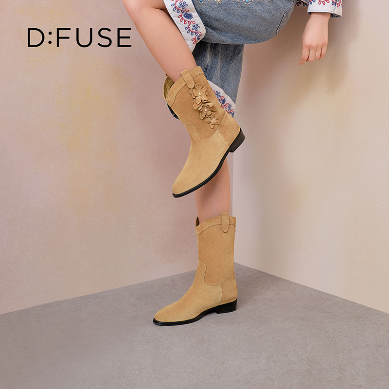 立体格桑花显瘦牛仔靴