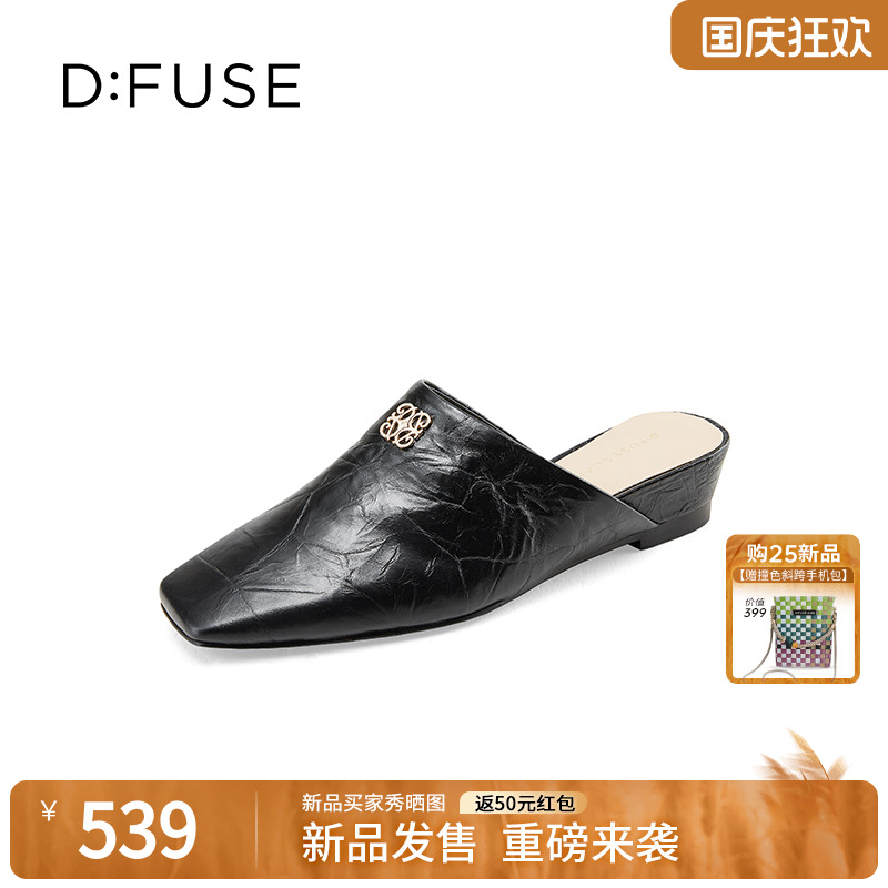 复古一脚蹬方头坡跟拖鞋