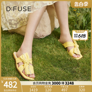 女DF22110502 羊皮珍珠蝴蝶结平底可外穿凉拖鞋 休闲拖鞋 DFuse夏季