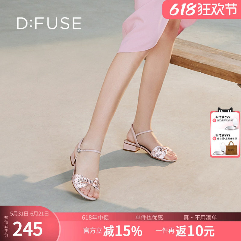 DFuse迪芙斯夏款圆头蝴蝶结钻饰粗跟凉鞋女鞋