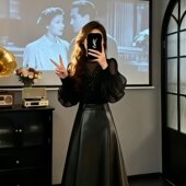 胖mm网纱上衣PU皮半身裙气质好看黑色套装 秋冬季 穿搭一整套大码 女