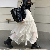 法式 高腰不规则荷叶边网纱拼接半身裙女秋冬新款 飘逸感蛋糕长裙