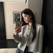 复古圆领小香风外套女秋季 小个子高级感条纹宽松名媛千金短款 上衣