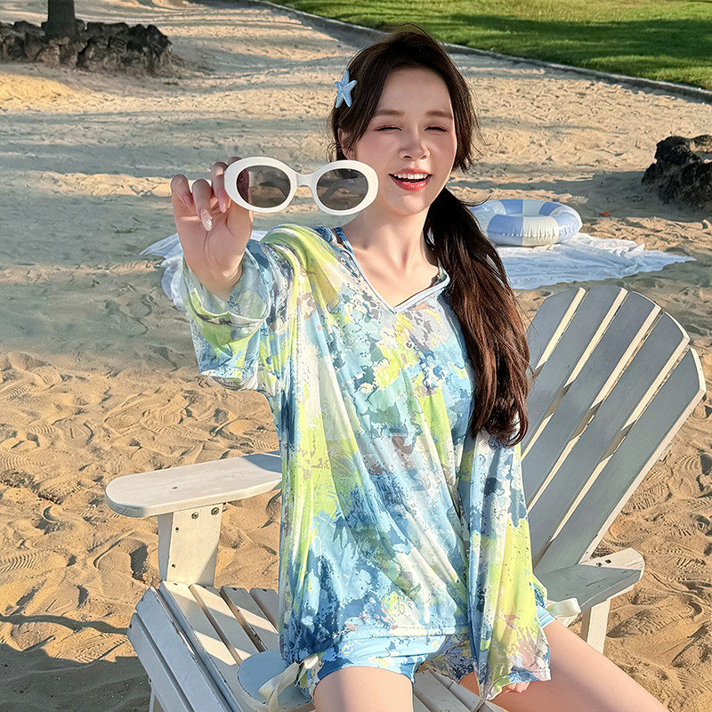 泳衣女三件套辣妹保守时尚平角韩国大码微胖mm遮肉长袖帽衫游泳装
