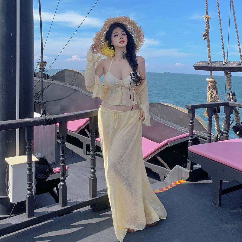 大码胖mm比基尼泳衣女分体四件套性感长裙高级感绝美沙滩海边度假