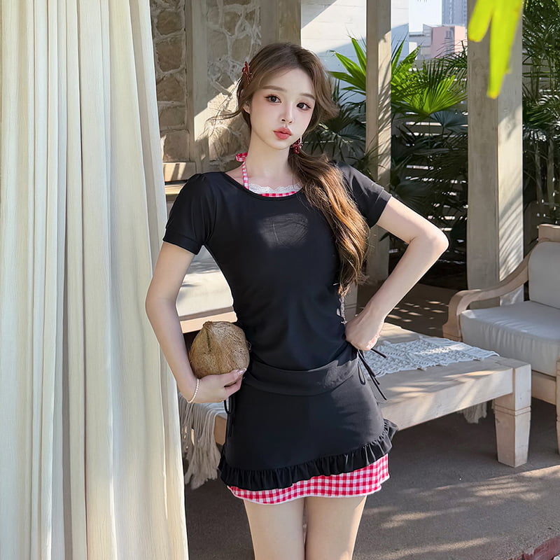 纯欲风大码泳衣女孩裙式分体保守胖mm显瘦遮肚甜美可爱格温泉泳装