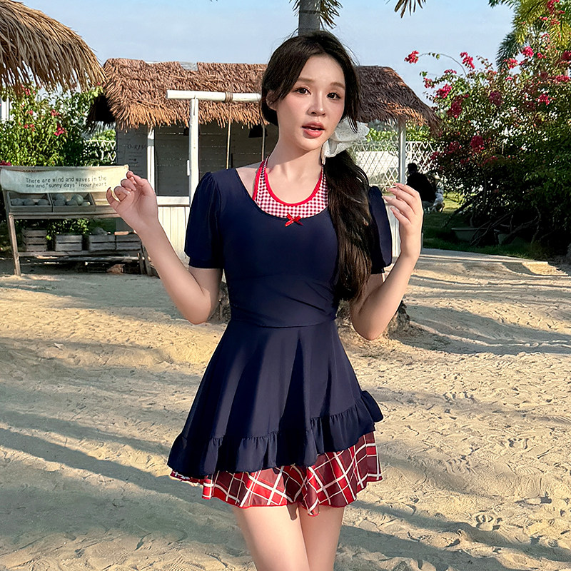 小清新林提泳衣女裙式大码胖mm显瘦保守藏蓝色个子拼接高级感泳装