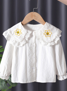 女童蕾丝娃娃领衬衫纯棉婴儿上衣1-6岁小女孩长袖春秋款白色衬衣